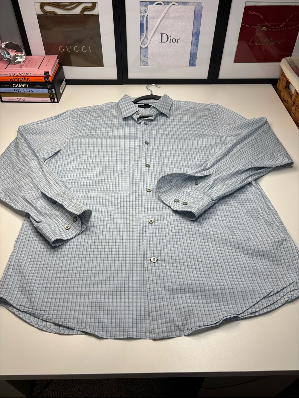 Banana Republic Light Blue Windowpane Dress Shirt Slim Fit 16-16 1/2 EUC Classic
